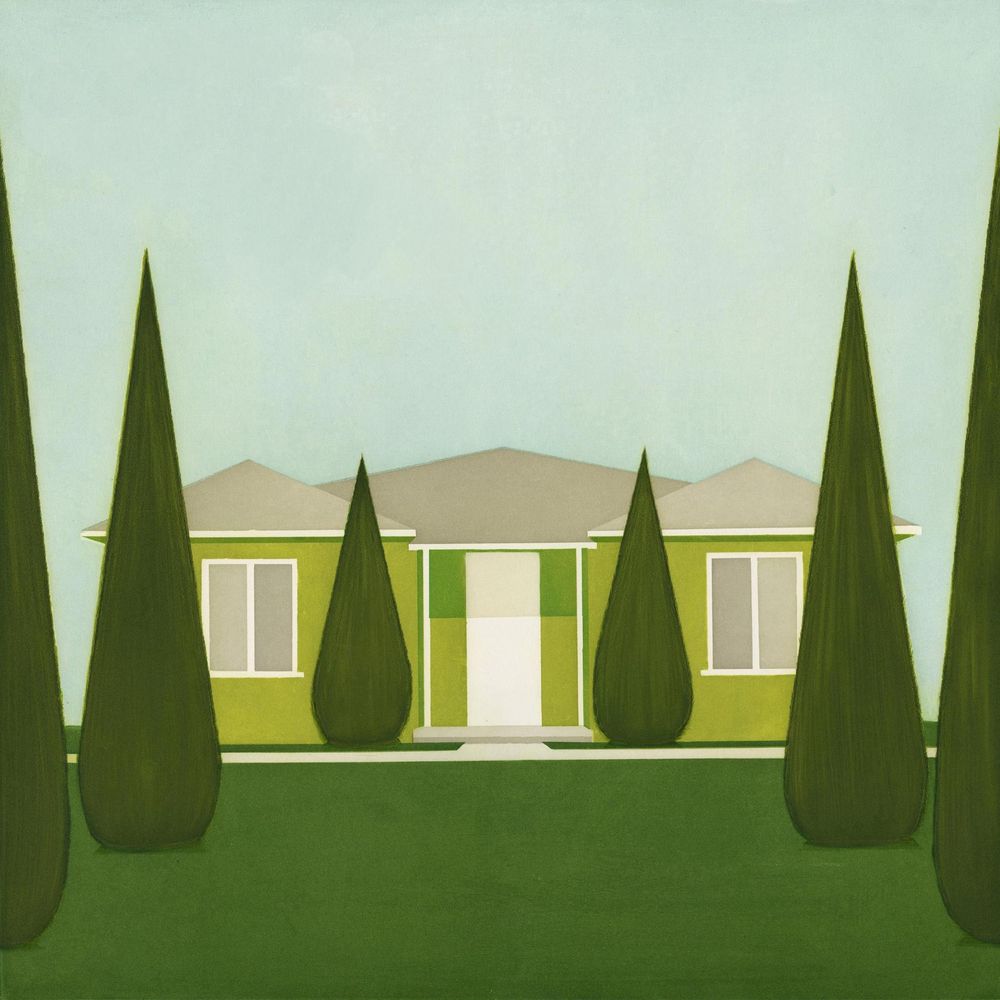 Painting in a flat style of a green house on a green ground with a blue-green background, with pointed triangular trees scattered in front.