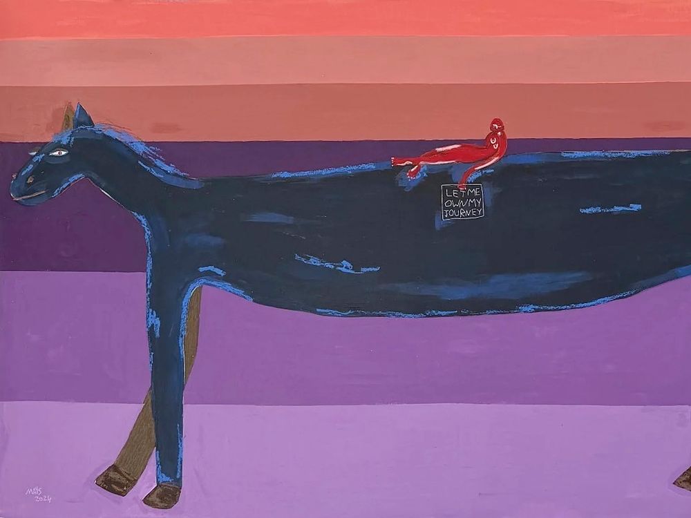 Painting in a flat, simplified style of a large blue-black horse holding a red-skinned reclining woman holding a sign that says "Let me own my journey", against a background of horizontal purple and coral lines.