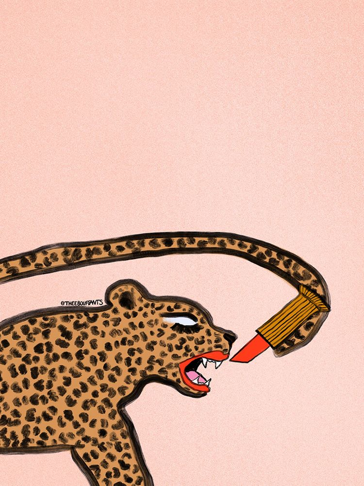 Painting in a bold, simplified style of a cheetah with red lips in profile, applying a large red lipstick with their tail, against a pale pink background.