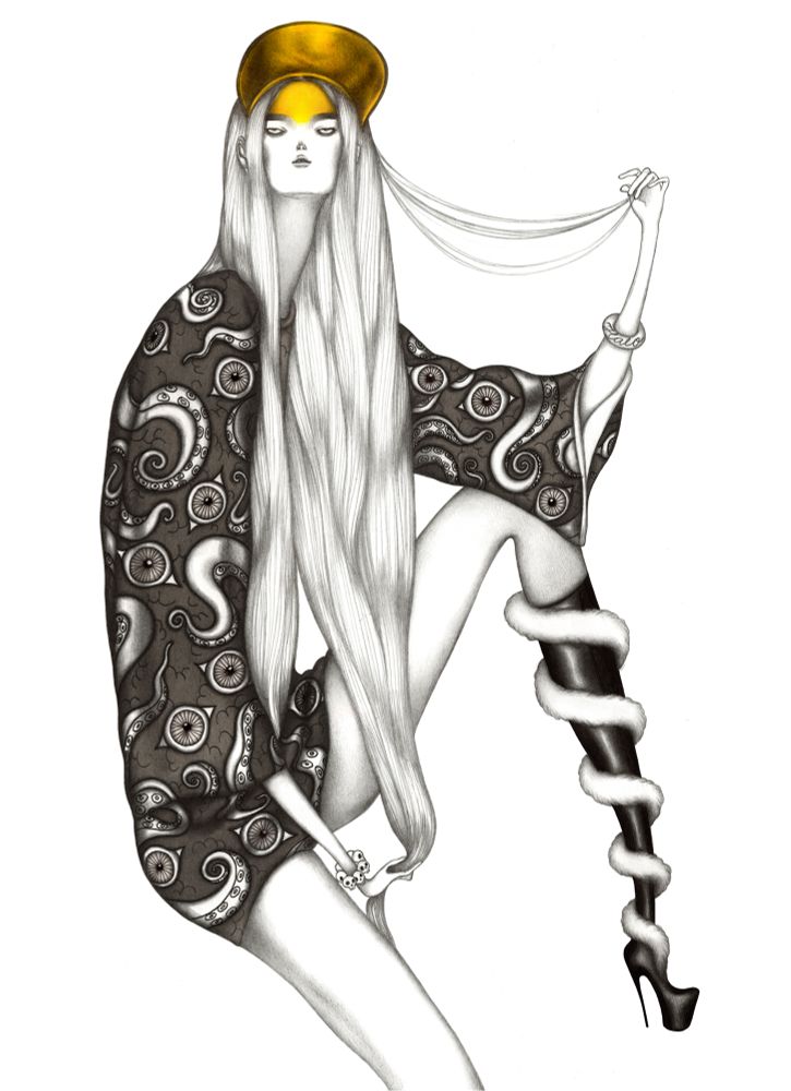 Grayscale drawing of a woman with elongated limbs wearing a dark coat decorated with eyeballs and tentacles. Her small hands hold the tips of her long straight light hair, and she wears a golden visor above her forehead. A white furry tentacle curls around her lower leg over a knee-high stiletto boot.