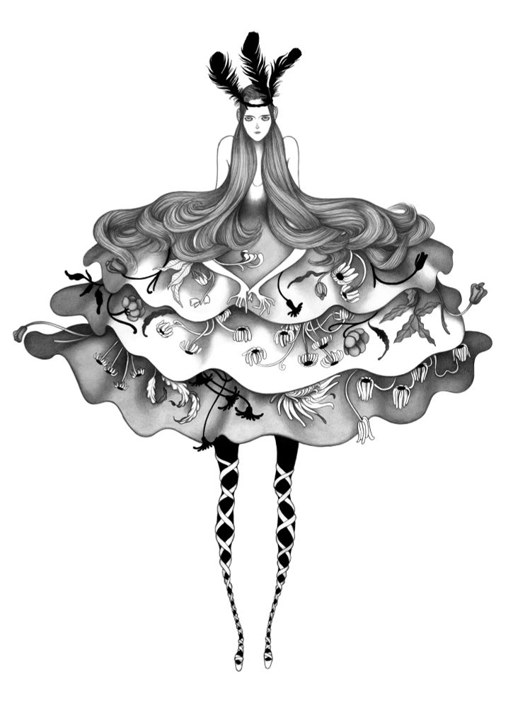 Grayscale drawing of a woman with elongated limbs wearing big puffy dress with flowers coming out of the ruffles. Her long hair falls over the top ruffle and she's wearing dark feathers around her head.