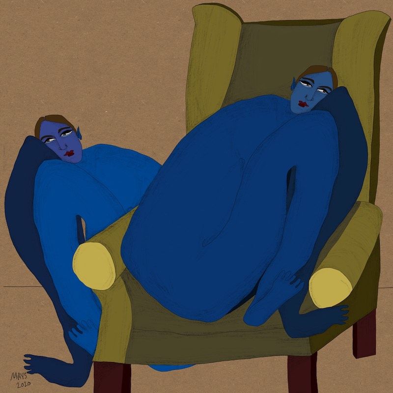 Painting in a flat, simplified style of two women with blue skin and large bodies, one curled up on a green upholstered chair and the other sitting on the floor.