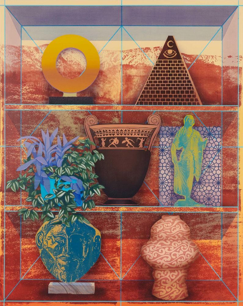 Still life painting of a rust-colored shelf holding various objects including a potted leafy plant, a Greek urn, a pyramid, and a small figurative classical sculpture.