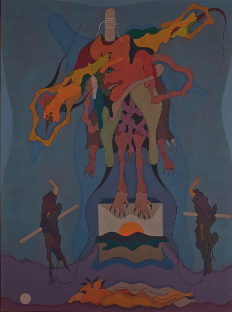 Surreal composition depicting a composite creature with taloned feet and various colorful appendages around red face in profile, standing on a pedestal against a blue background.