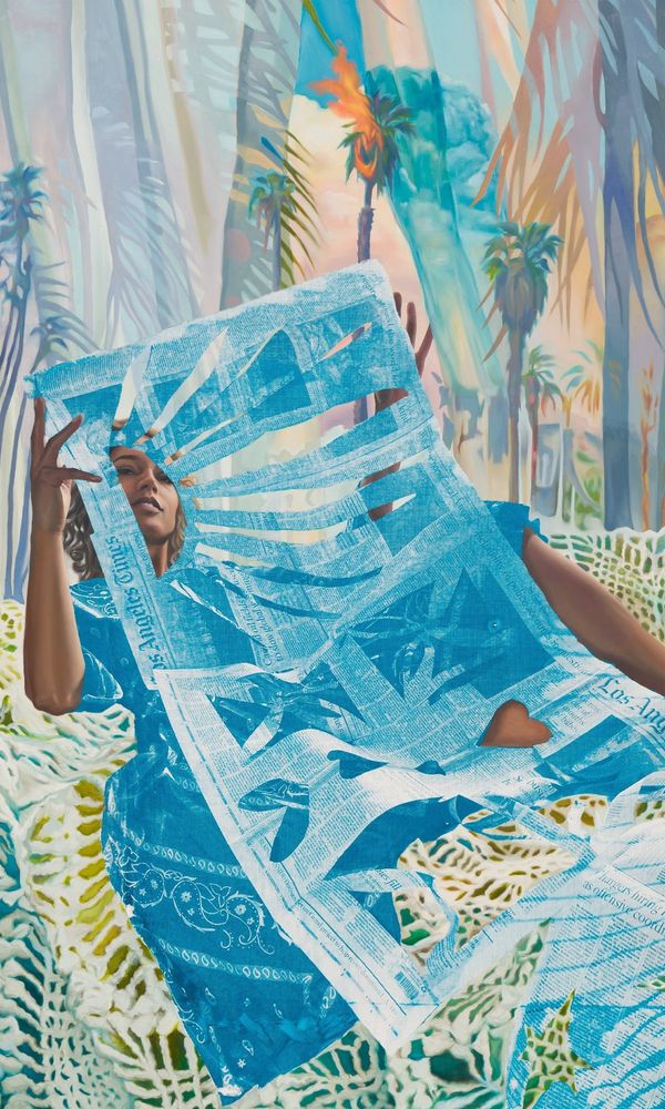 Multi-layered painting depicting a young woman with brown skin reclining on a couch, holding up a large newspaper with various shapes cut out of its pages, partly obscuring her body. The background shows palm trees and gauzy curtains in pastel colors.