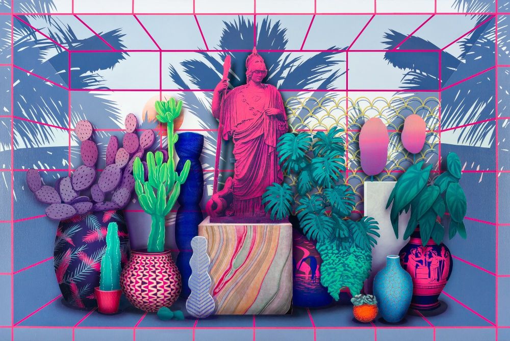 Still life painting of a cluster of potted plants, ceramic vessels, and a hot pink classical sculpture, set in a pink grid over a grey-blue background with leafy fronds.