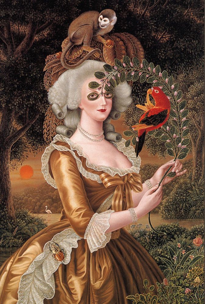 Painting of a white woman dressed in French aristocratic finery including a curled wig and orange satin gown. She holds a curving stem of green leaves and small pink buds which ends over her eyes. A monkey sits on her headdress and a red parrot perches on the stem she holds. The background is a forest and stream with a deep orange sun low on the horizon.