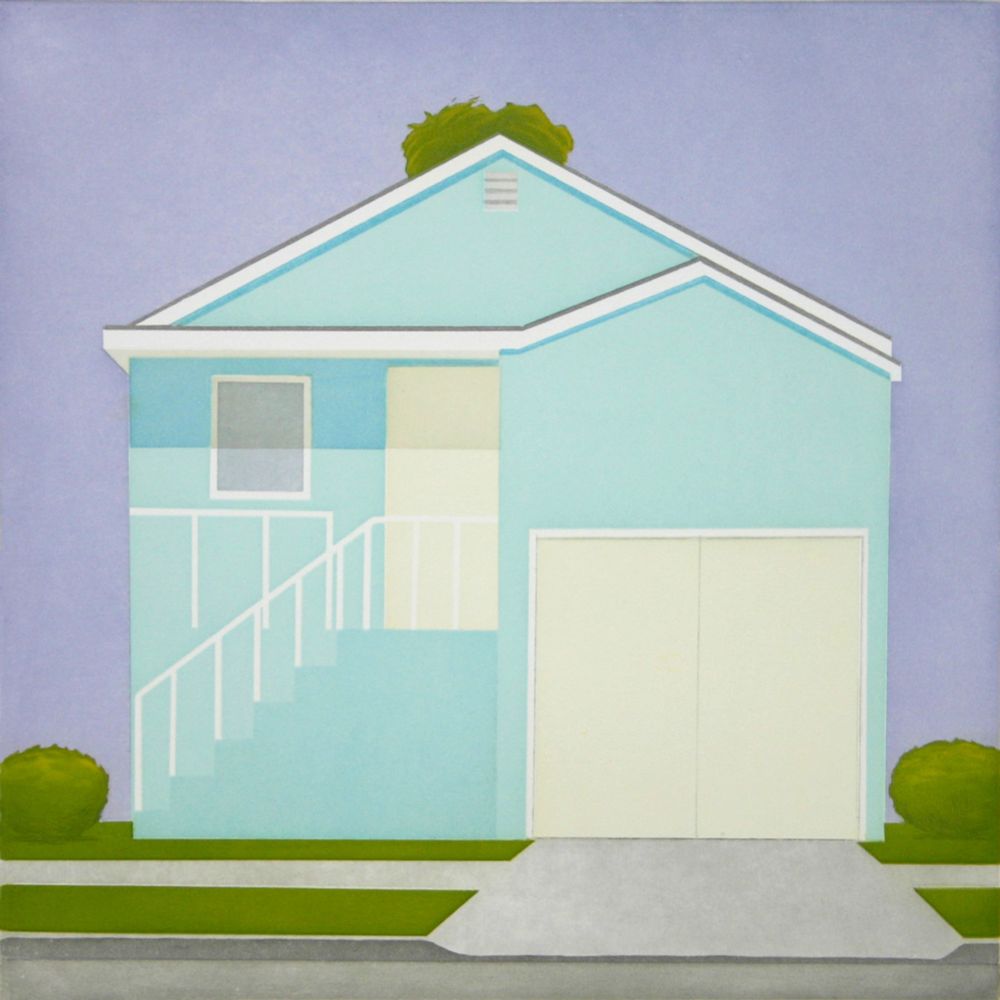 Painting in a flat style of a blue house with white stairs and doors, with a grey sidewalk and patches of green in front, against a grey-purple sky.