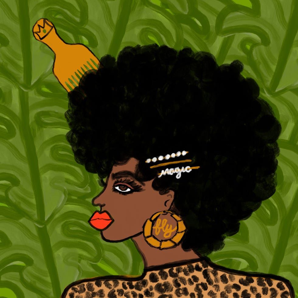 Painting in a bold, simplified style of a Black woman in profile with a full Afro hairstyle, wearing gold and white jewelry and a cheetah-print top, against a background of green leaves.