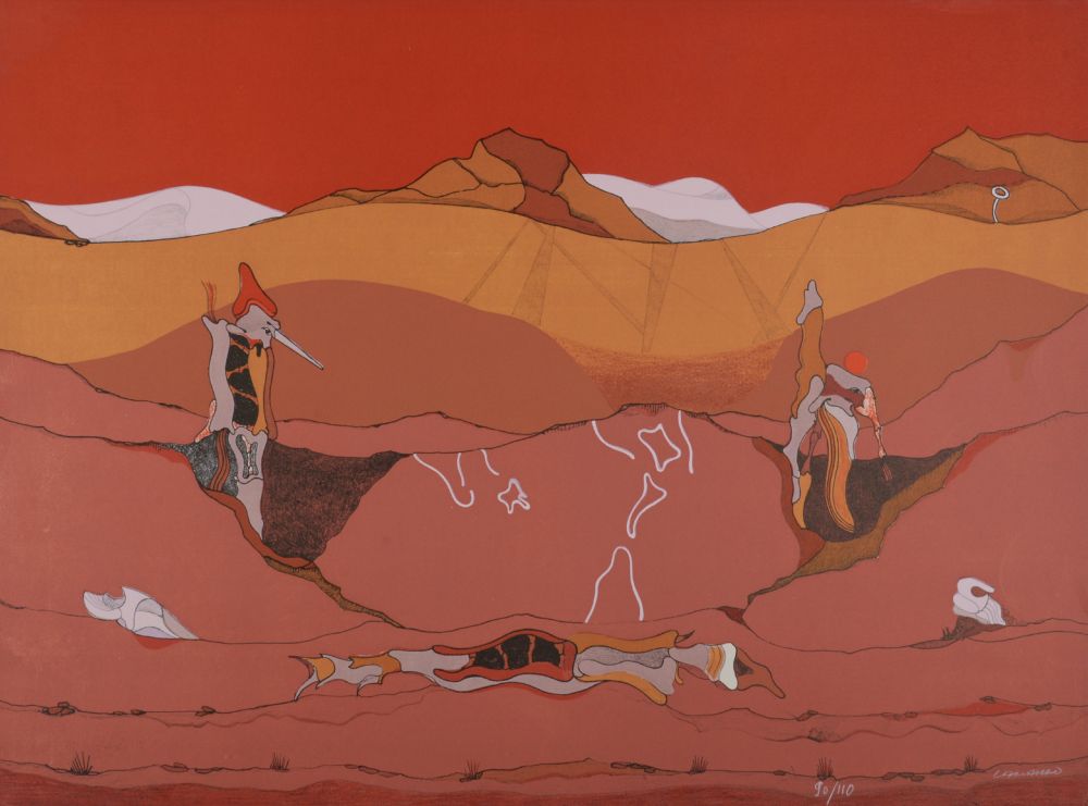 Surreal composition in a palette of rust, orange, and yellow, showing drooping abstracted figures in a desert landscape.