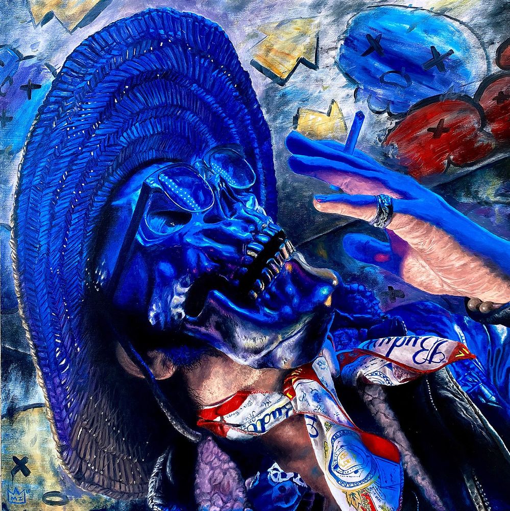 Painting in a hyper-realistic style of a figure wearing a skull mask, glasses, and a large-brimmed hat, leaning back and holding a cigarette up to their mouth, with deep blue lighting, against a graffiti wall.