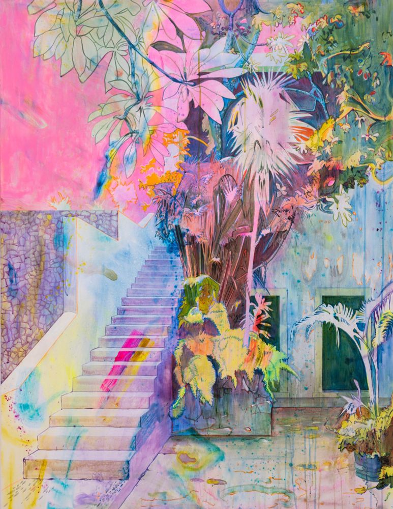 Painting in a bright palette with drippy elements, depicting a courtyard with purple stairs leading up a blue-white stone building, covered in a profusion of flowers and trees, against a pink sky.