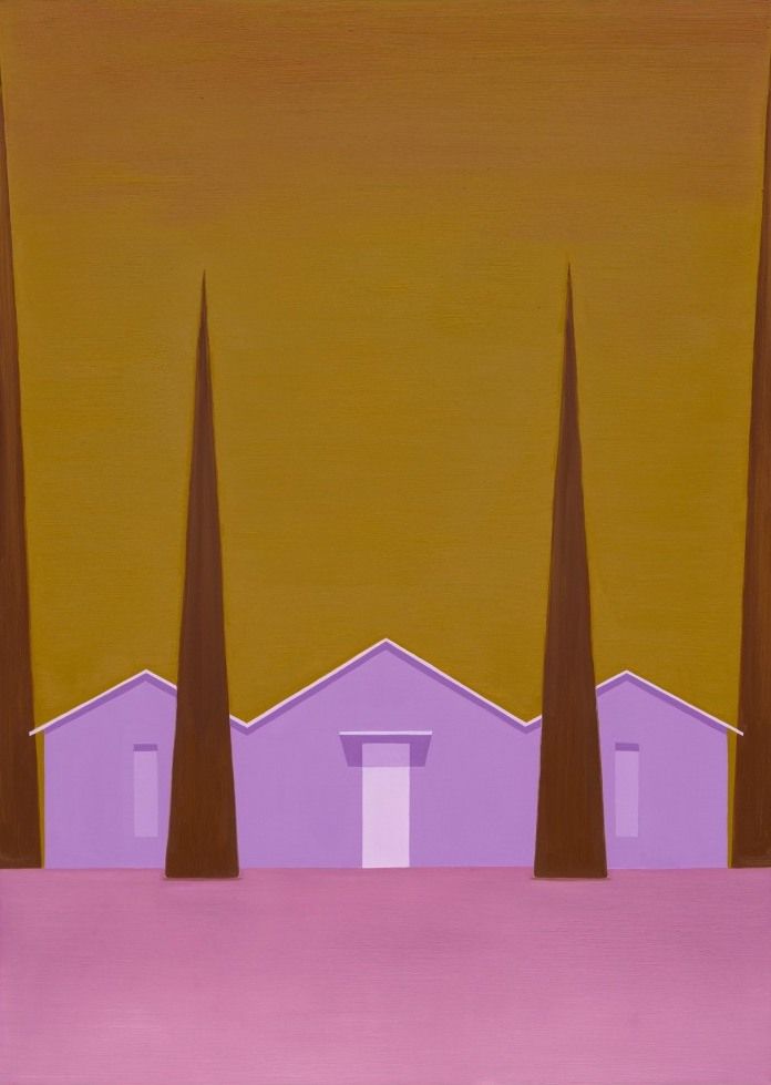 Painting in a flat style of a purple house on a pink ground with a yellow-green background, with pointed triangular trees in a row in front.