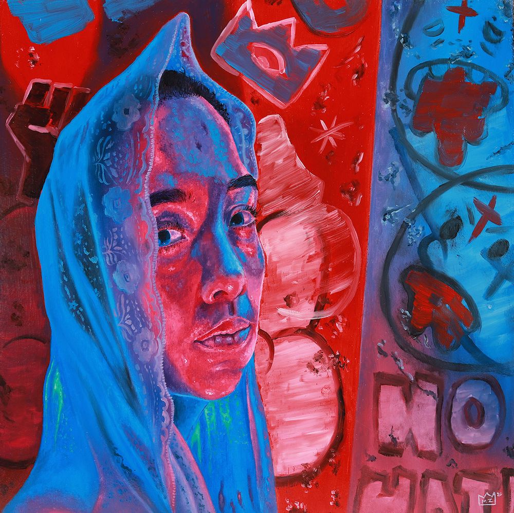 Painting in a hyper-realistic style of a young woman wearing a lace head covering looking at the viewer over her shoulder, in a palette of blue and red, against a graffiti wall.