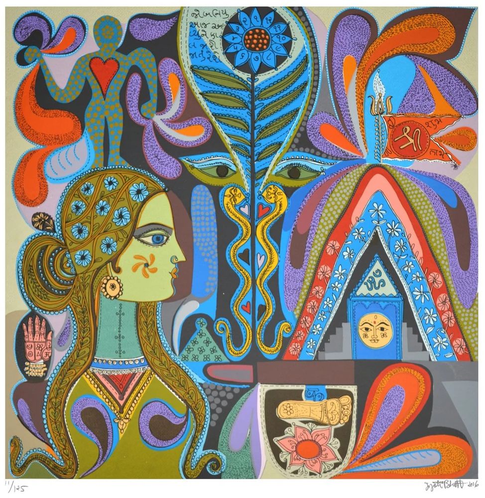 Colorful, detailed composition in a flat, slightly geometric style, depicting a woman in profile and various motifs including leaves, flowers, snakes, and patterned body parts.