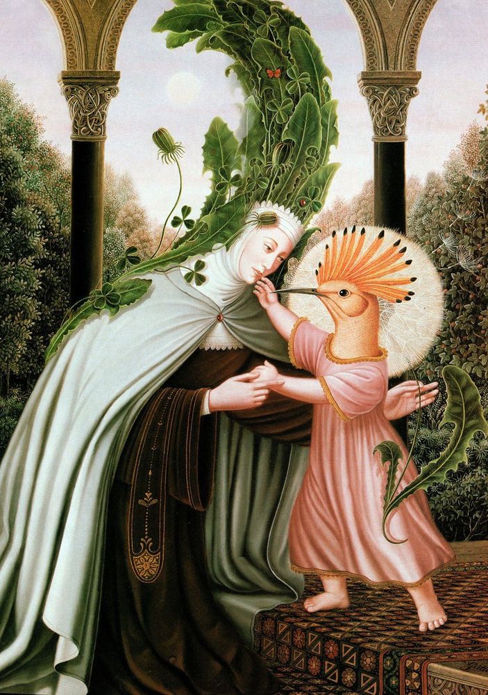 Painting of a white woman dressed in medieval garb with green fronds sprouting from her head and back. She leans over a human child with the head of an orange bird, holding their hand. They are set within an ornate arched structure with lush trees surrounding it.
