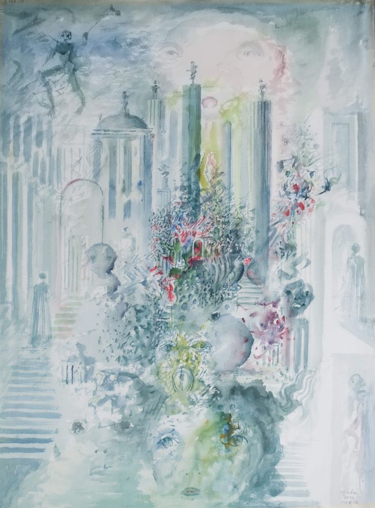 Surreal painting depicting a group of architectural forms including columns and staircases all in white and grey, behind a mass of loose, smoky forms including faces and floral elements.