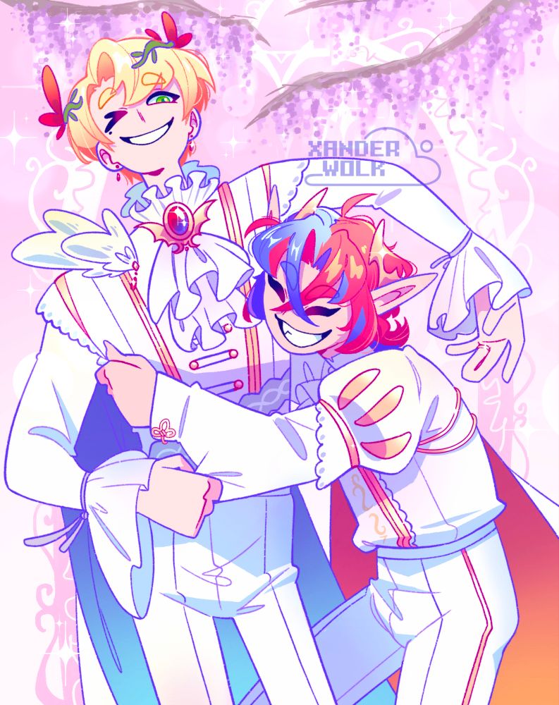 Illustration of Alfred and male Alear from Fire Emblem Engage. They’re wearing wedding attire and Alear is hugging Alfred from the side