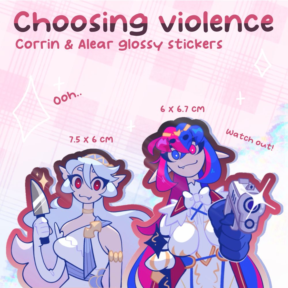 Sticker mock up for 2 stickers; one with female Corrin with a knife and one with female Alear with a gun  