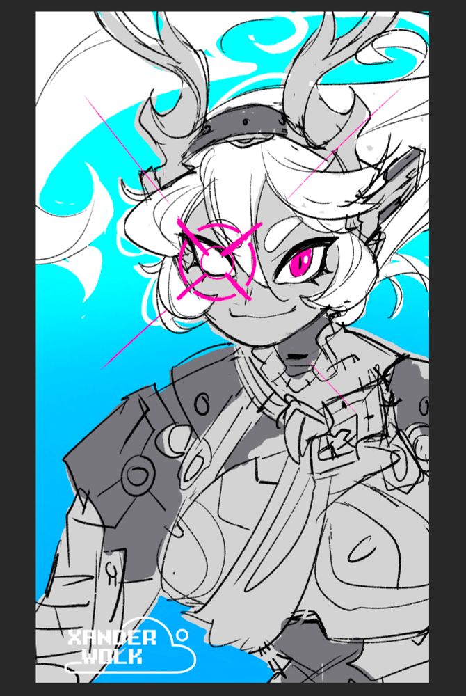 Sketch of Corrin from Fire Emblem Shadows. She’s smirking with a lock on target over her right eye