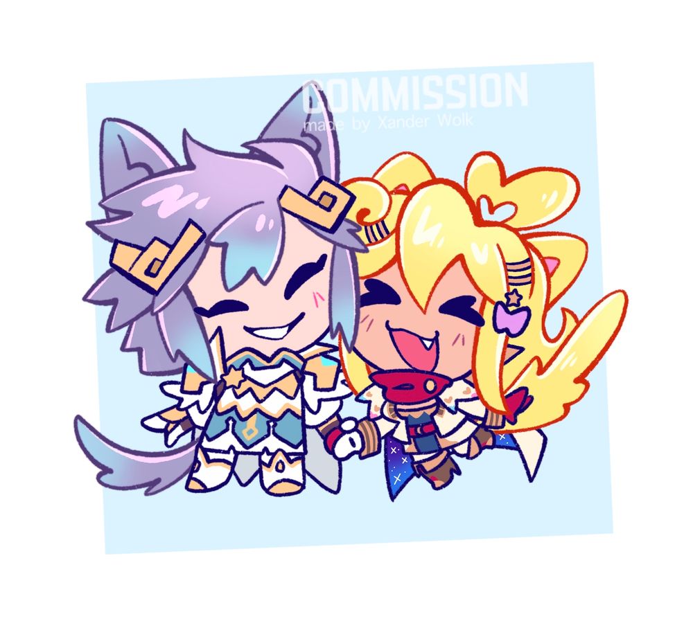 Chibi illustration of Hríd and my clients summoner OC, Sky, from Fire Emblem Heroes. They’re holding hands and smiling 