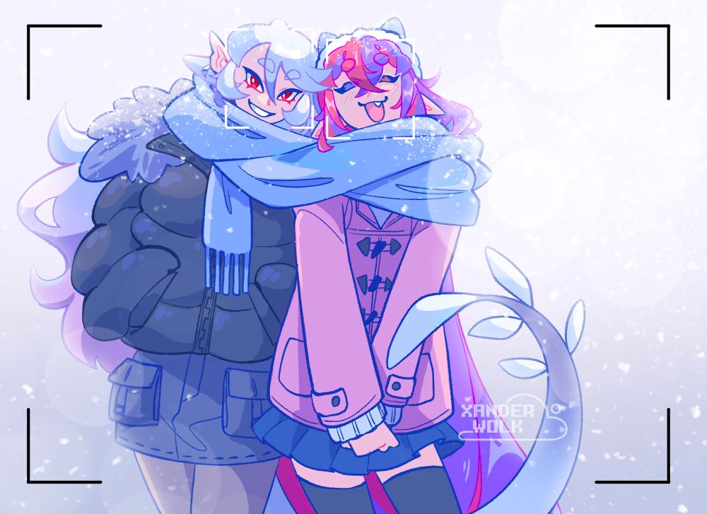 Illustration of female Corrin from Fire Emblem Fates and Female Alear from Fire Emblem Engage. They’re posing together for a picture in the snow with a big scarf wrapped around the both of then