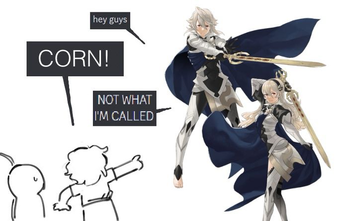 Meme. Text: “hey guys” “CORN!” “Not what I’m called” with an image of male and female Corrin from Fire Emblem 