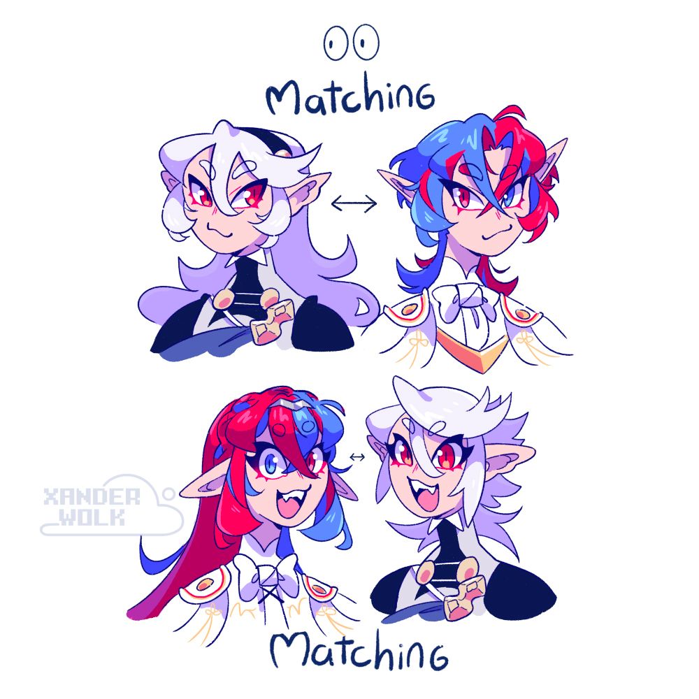 Bust illustrations showing how I draw Corrin and Alear with matching eye shapes . Top row is female Corrin and male Alear with matching eyes; bottom row is female Alear and Male Corrin with matching eyes