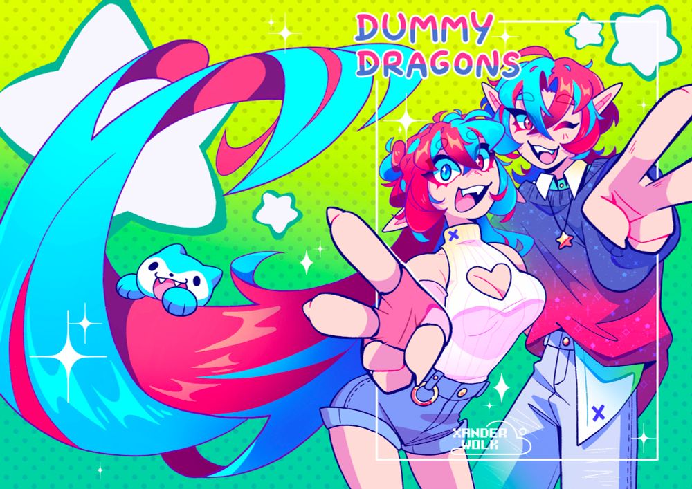 Artwork of female and male Alear in modern clothing. They’re posing with peace signs on the right side of the cavas, with female Alear’s hair whooshing across the left side. Sommie is also there peaking from behind her hair