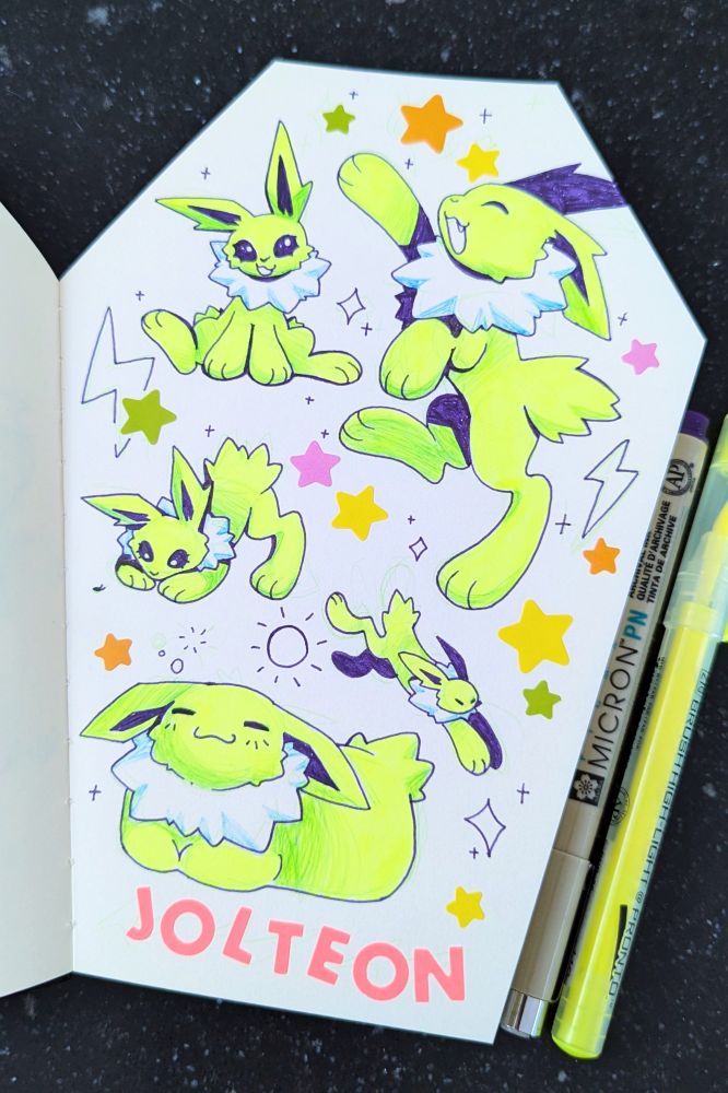 Picture of a page from a sketchbook. It has 5 different drawings of Jolteon on it colored with a yellow highlighter 