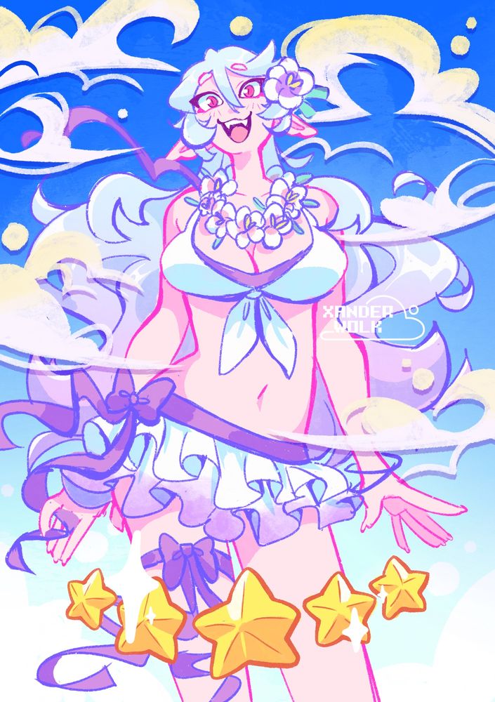 Illustration of Female Corrin from Fire Emblem Fates. She’s in her summer alt from Fire Emblem Heroes. There are 5 stars at the bottom and smoke clouds around her like she’s just been summoned 
