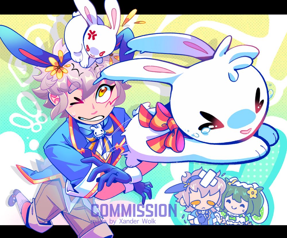 Kiragi Fire Emblem in a spring themed outfit designed by Captain Cake. He’s stumbling forward a bit from an angry bunny stomping on his head while their bunny friend escapes out of Kiragi’s arms into the foreground. In the bottom right corner there’s a sad Kiragi chibi with a bandage on his head with Midori comforting him