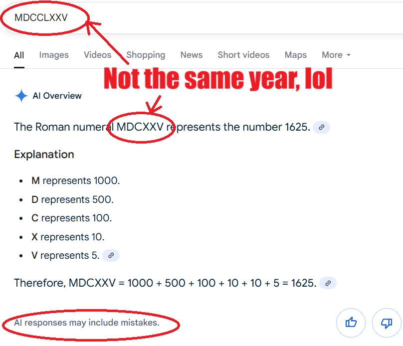 Screencap of Google AI saying MDCCLXXV is 1625. It's 1775.