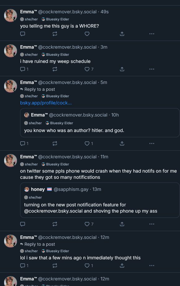 A bunch of notifications from Emma™ posting and replying 