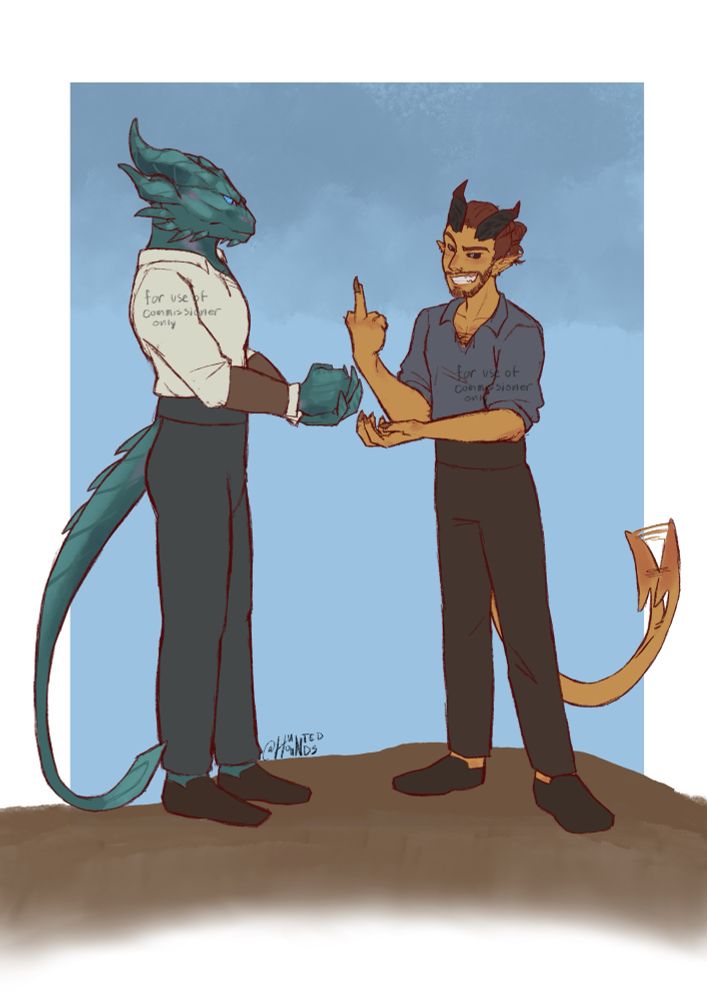 Original player characters from Baldur’s Gate 3, blue Dragon born Azura(left) and Ochre yellow Tiefling Faron(right) stand playing rock, paper, scissors against each other. Faron is flipping Azura the bird as Azura shoots rock.