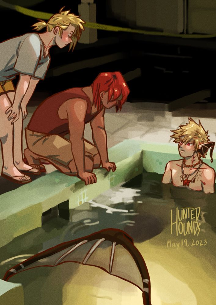 Screencap redraw of a scene from the movie Aquamarine with Bakugou, Kirishima, and Kaminari. Mer-Bakugou sits in a dark pool after a storm, the tip of his tail breaching the water. Kirishima and Kaminari stand on the edge of the pool looking at Bakugou in awe, believing mer to be myths.