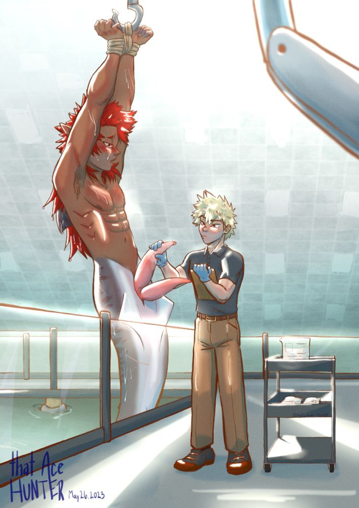 Bakugou is in the process of collecting semen samples from shark mer Kirishima. A cart with samples is at Bakugou’s side. Bright, flourecent lights beat down on the two in a sterile looking environment. Kirishima is suspended above the water by his wrists for Bakugou’s safety. The redhead has a flustered expression on his face as he looks down at the blonde doing his work.