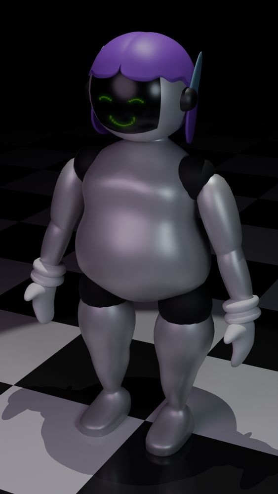A 3D render of a robot with a silvery metallic body, purple hair in a bob, gray things on the side of her head with teal antennae, rubber joints at her shoulders and hips, white toony gloves, and a screen for a face with a smiling green pixelated face on it.