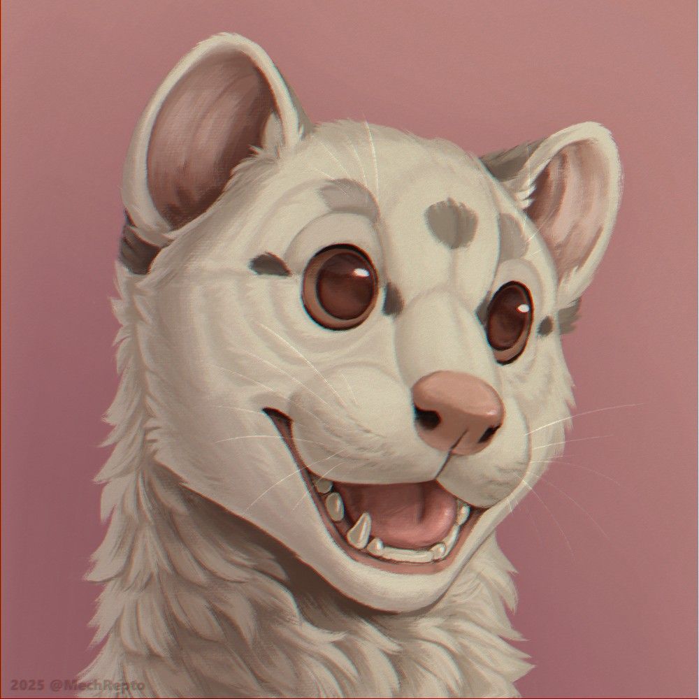 A white weasel smiling on a pink background. He's addicted to Rain World, be careful, he'll get you addicted too, like he did to me...