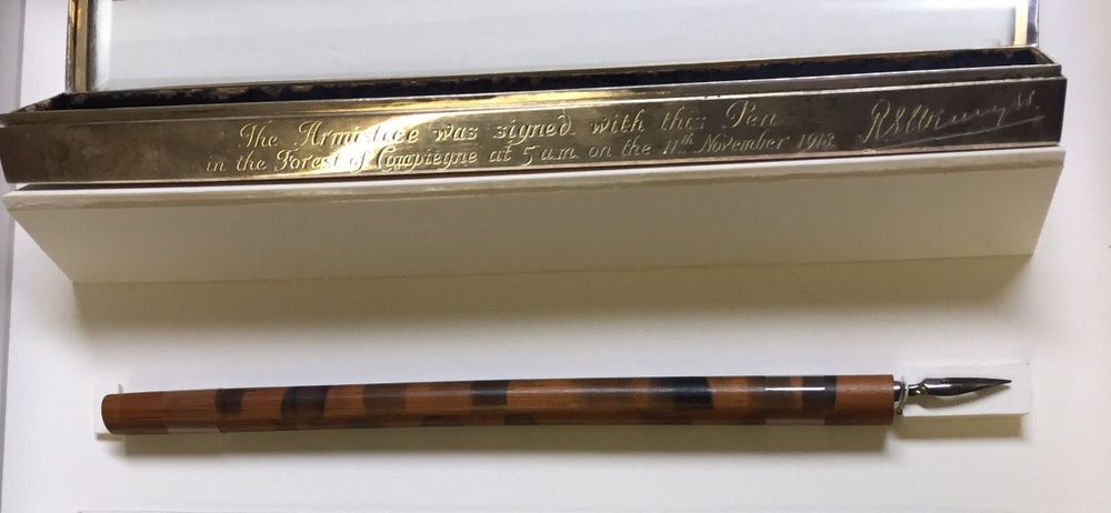 Fountain pen and case engraved with "The Armistice was signed with this Pen in the Forest of Compiegne at 5am on the 11th November 1918".