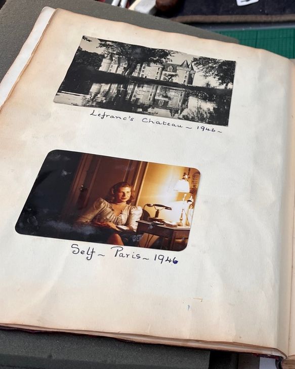 An early page from one of Jean Barker’s scrapbooks, including a photograph of Jean in Paris in 1946. Source: TRUM 1/5