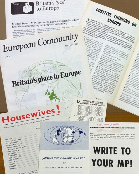 A selection of literature arguing for and against Britain remaining in the European Community from the papers of Julian Amery (AMEJ 1/3/38) and Michael Stewart (STWT 12/2/4).
