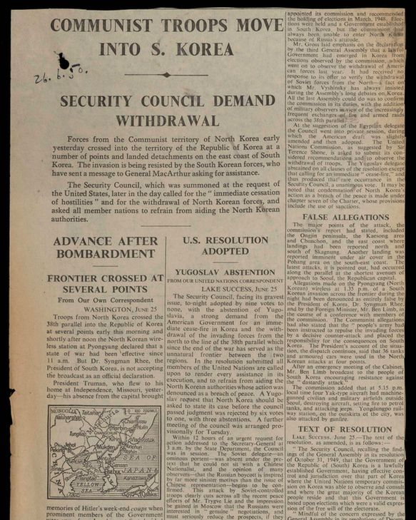 Press cutting titled "Communist Troops move into S. Korea", 26 June 1950
