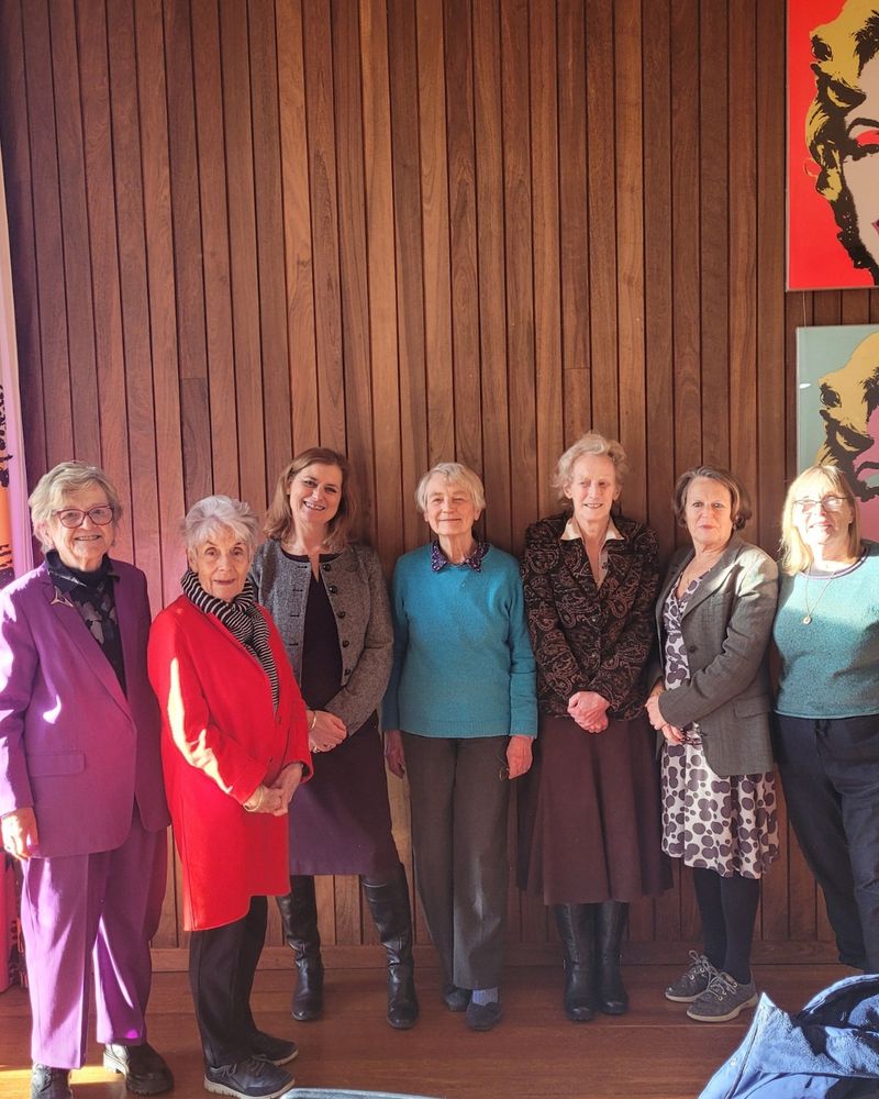 Baroness Hilary Armstrong, Baroness Gillian Shephard, Deborah McGurran, Anne Campbell, Dame Athene Donald, Baroness Anne Jenkin, and Boni Sones OBE at Churchill College in 2024. 