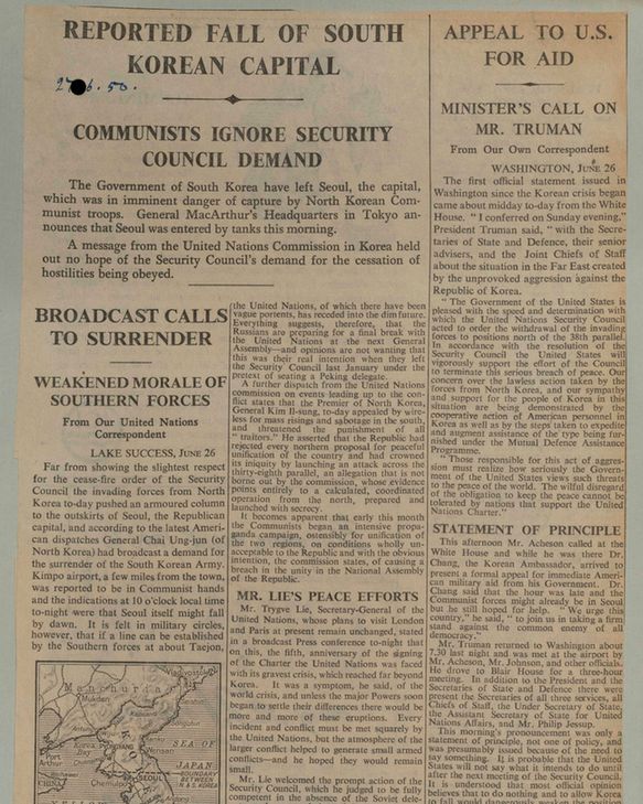 Press cutting titled "Reported fall of South Korean Capital", 27 June 1950