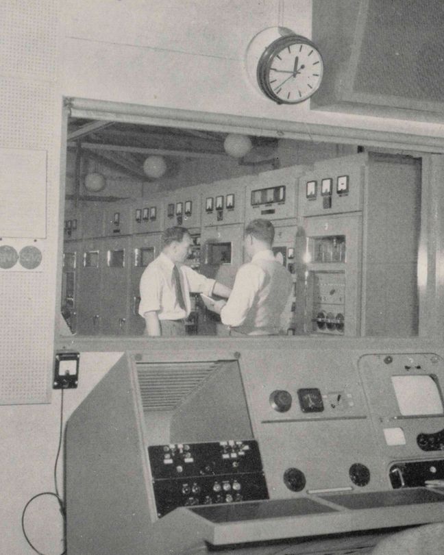 A photograph of the control desk and transmitter hall at Croydon Station, used to broadcast the London ITV signal. Papers of Percy James Grigg, PJGG 10/4.