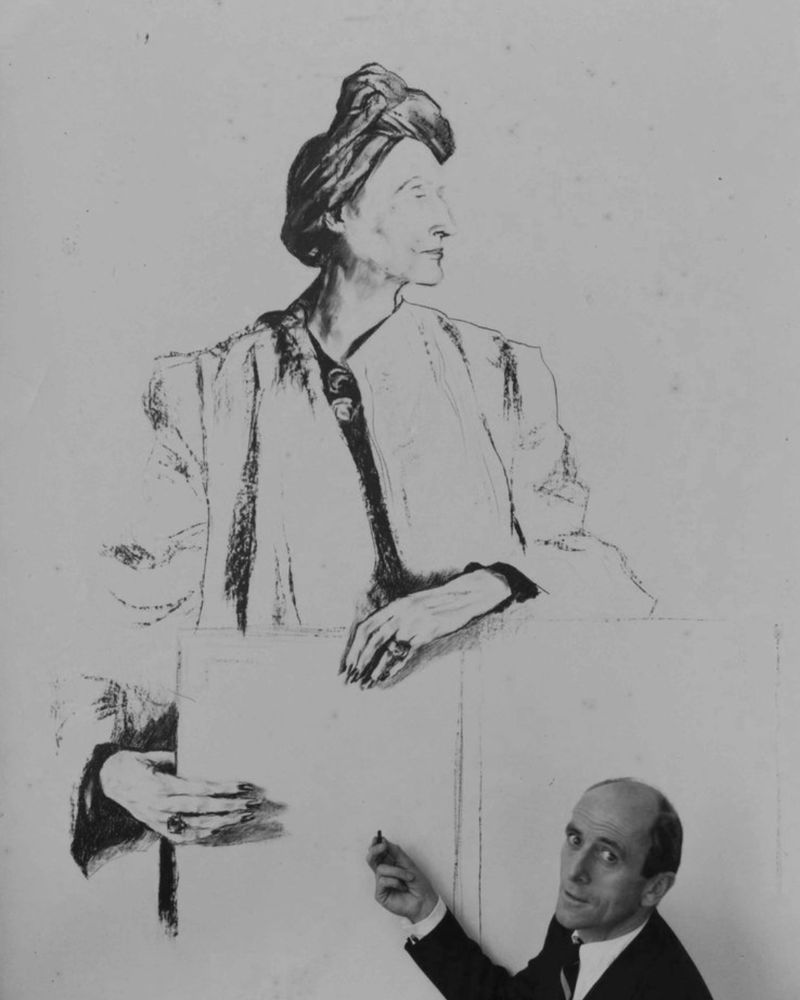 Valentine Lawford working on a charcoal portrait, inspired by Horst P. Horst's photograph of the poet and critic Edith Sitwell, 1955, LWFD 6/1
