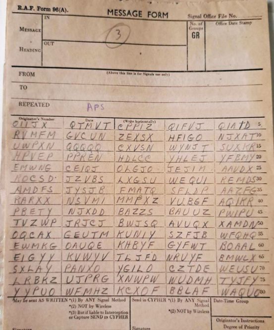 Series of code in batches of 5 letters, written on an RAF message form