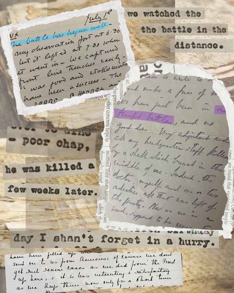 Diary entry from Henry Rawlinson's war journal (RWLN 1/5) "The battle has begun well...", Letters written to Gwendoline Churchill (PCHL 5/2) "We have just been in a fearful battle, and no good done..." and Jennie Churchill (CHAR 28/127) "we don't get such severe cases as we did from the front up here..." and snippets from the Autobiography of Major-General Douglas Wimberley (WIMB) "we watched the battle in the distance" "-poor chap, he was killed a few weeks later" "day I shan't forget in a hurry"