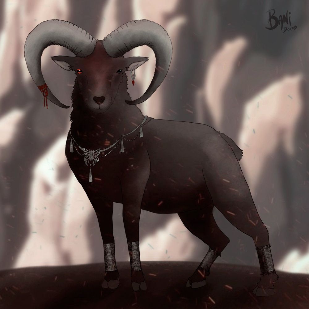 Digital drawing of a mountain goat with features and accessories of the character Hua Cheng from the novel Heaven Official's Blessing, like a red string around a horn, a red eye, and silver jewellery around the neck and ankles. He stands on a rock in front of a cliff, and there are fire sparkles in the air around him.